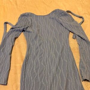 Women's Light Blue Textured Long Sleeve Dress